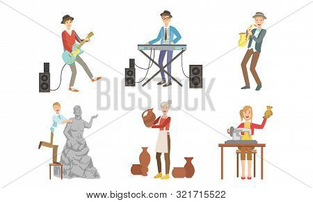 People Of Creative Professions Set, Musicians With Musical Instruments, Sculptor, Ceramist, Seamstre