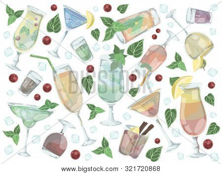 Set Of Different Drinks And Alcoholic Cocktails Doodle. Vector Illustration Design.