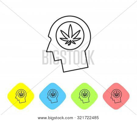 Grey Line Silhouette Of Male Head In Profile With Marijuana Or Cannabis Leaf Icon On White Backgroun