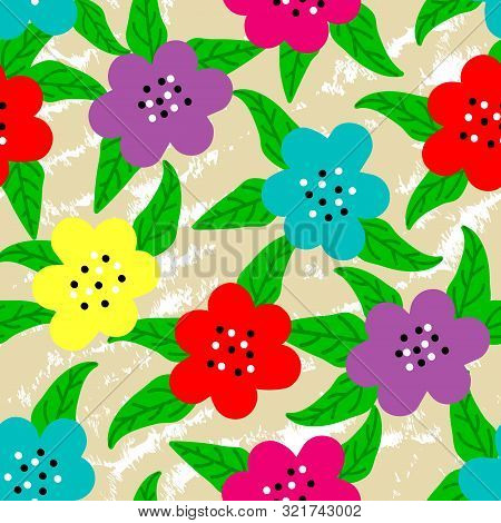 Vector Illustration. Kids Hand Drawn Flowers And Leaves On Textured Sand Colored Background Seamless