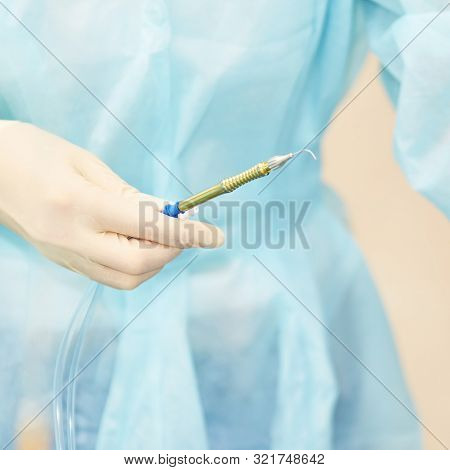Ophthalmology Laser Microscope Operation. Clinic Room With Doctor And Parient. Gloves And Medicine T