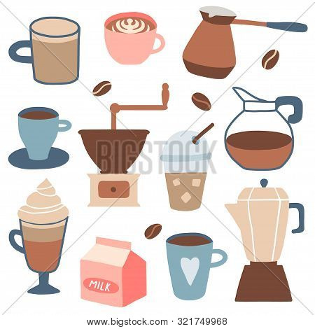 Set Of Different Coffee Types: Americano, Cappuccino, Espresso, Frappe, Raf, Mocha. Hot Cup Of Drink