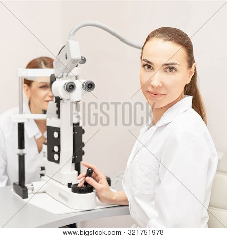 Eye Ophthalmologist Exam. Eyesight Recovery. Astigmatism Check Concept. Ophthalmology Diagmostic Dev