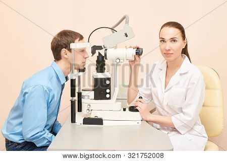Eye Ophthalmologist Exam. Eyesight Recovery. Astigmatism Check Concept. Ophthalmology Diagmostic Dev