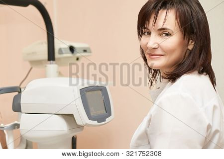 Eye Ophthalmologist Exam. Eyesight Recovery. Astigmatism Check Concept. Ophthalmology Diagmostic Dev