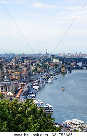 Kyiv, Ukraine - July 14, 2019. View Of The Dnipro Embankment, River Station, Poshtova Square In Kyiv