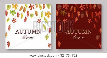 Autumn Leaves Banners Set With White And Burgundy Fall Background Vector Illustration. Yellow, Orang