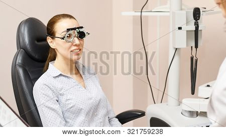 Eye Ophthalmologist Exam. Eyesight Recovery. Astigmatism Check Concept. Ophthalmology Diagmostic Dev