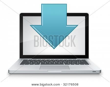 Donload concetto. Portatile su sfondo grigio sfumato. Vector.
