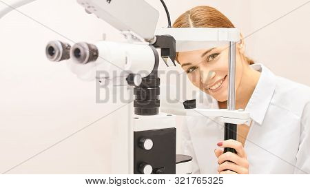 Eye Ophthalmologist Exam. Eyesight Recovery. Astigmatism Check Concept. Ophthalmology Diagmostic Dev