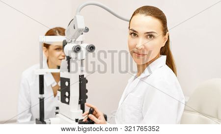 Eye Ophthalmologist Exam. Eyesight Recovery. Astigmatism Check Concept. Ophthalmology Diagmostic Dev