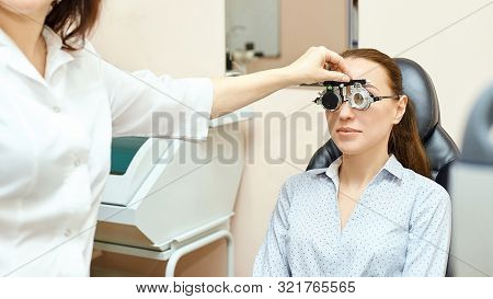 Eye Ophthalmologist Exam. Eyesight Recovery. Astigmatism Check Concept. Ophthalmology Diagmostic Dev