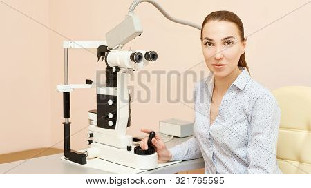 Eye Ophthalmologist Exam. Eyesight Recovery. Astigmatism Check Concept. Ophthalmology Diagmostic Dev