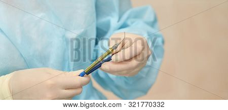 Ophthalmology Laser Microscope Operation. Clinic Room With Doctor And Parient. Gloves And Medicine T