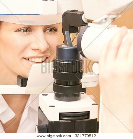 Eye Ophthalmologist Exam. Eyesight Recovery. Astigmatism Check Concept. Ophthalmology Diagmostic Dev