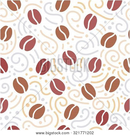 Vector Seamless Pattern With Doodle Coffee Beans And Decorative Swirls, Dots. Simple Background Desi