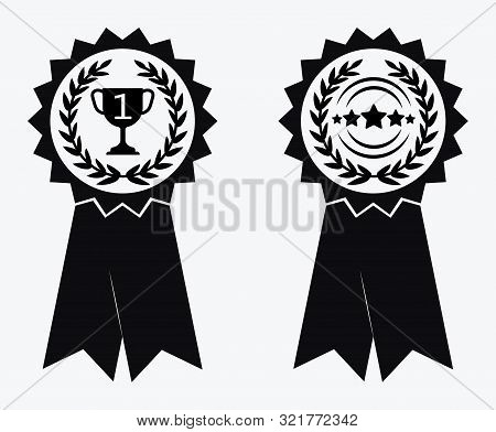 A Sign Of Premium Class. Medal With A Star And Ribbon. Mark Of Distinction. Black And White Quality 