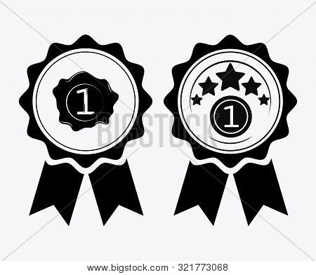 A Sign Of Premium Class. Medal With A Star And Ribbon. Mark Of Distinction. Black And White Quality 