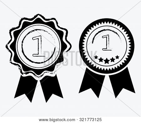 A Sign Of Premium Class. Medal With A Star And Ribbon. Mark Of Distinction. Black And White Quality 