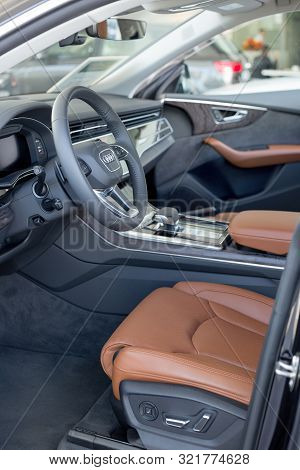 Russia, Izhevsk - September 11, 2019: Audi Showroom. Interior Of New Q8 Quattro With Automatic Trans