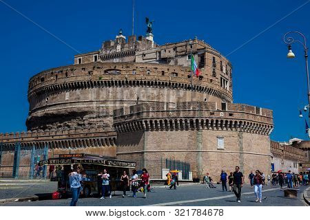 Rome, Italy - April, 2018: Tourists At The Beautiful Mausoleum Of Hadrian Also Called Sant Angelo Ca