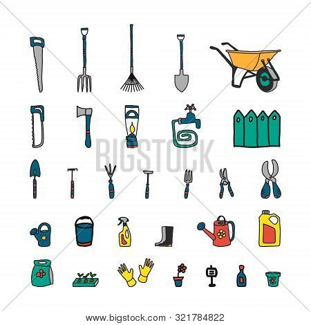 Gardening Tools, Illustration Vector.gardening Work Tools Hand Drawn Set. Nice Equipment For Working