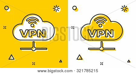 Black Vpn Network Cloud Connection Icon Isolated On Yellow And White Background. Social Technology. 