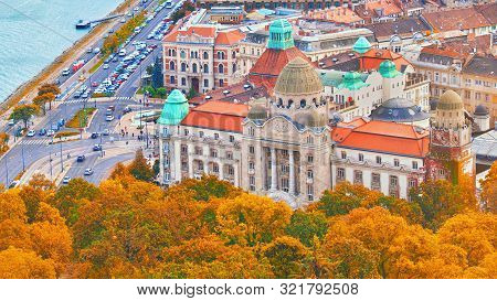 Budapest, Hungary - October 3, 2018: The Famous Gellert Hotel Palace Facade And Entrance With Geller
