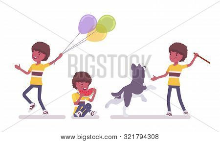 Boy Child 7 To 9 Years Old, Black Male School Age Kid Activity. Schoolboy Stick Throwing For Dog, Ea