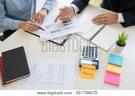 Wealth Management Concept, Business Man And Team Analyzing Financial Statement For Planning Financia