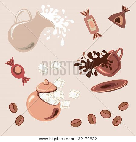 Café da manhã com cubos de açúcar de leite fresco de café e doces de chocolate