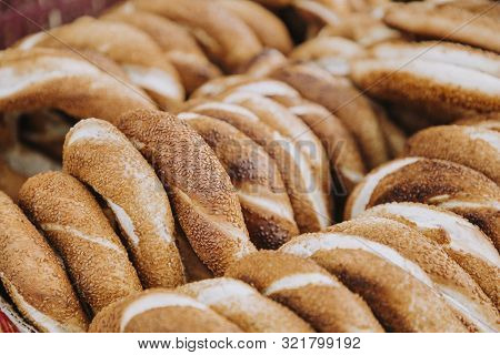 Traditional Circular Bread Simit With Sesame Seeds, Also Known As Turkish Bagel.