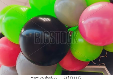 Balloons In Happy Birthday Party Room Background With String And Ribbon Yellow, Blue, Violet, Purple