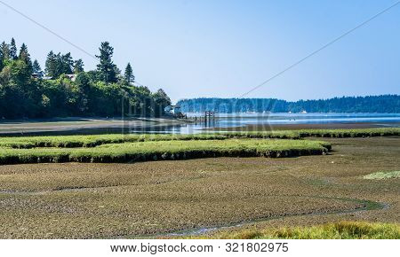The Nisqually River Flows Past Mud Flats In The Nisqually Wetlands Near Olympia, Washington.