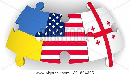 Cooperation Of Usa, Ukraine And Georgia. Puzzles With Flags Of United States Of America, Ukraine And
