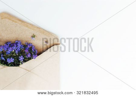 Little Cute Blue Forget-me-nots In A Kraft Paper Envelope, Selective Focus. Beautiful Bouquet Of Blu