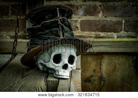 Scary Jawless Halloween Skull Wearing Old Distressed Top Hat