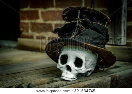 Scary Jawless Halloween Skull Wearing Old Distressed Top Hat