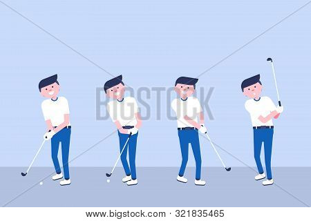Set Of Golf Cartoon Players In Modern Flat Style. Golf Equipment Icon. Isolated Character Playing Go