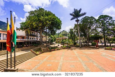 View On Colorful Colonial Buildings At Central Square Of Village Jerico In Colombia