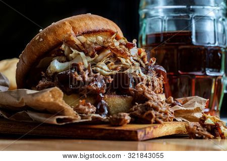Southern American Cuisine Pulled Pork Burger Sandwich Topped With Cole Slaw