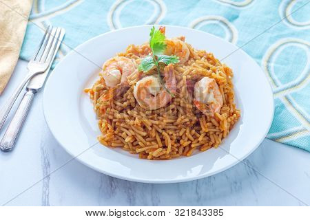 Tail-on Shrimp Spanish Rice With Vermicelli Pasta On Marble Kitchen Table