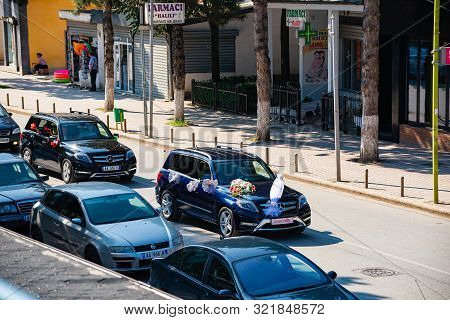 Kukes, Albania - July 25, 2019. Wedding Car In Traditional Procession