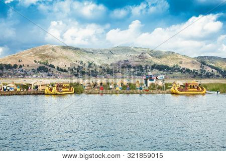 Uros, Peru - Jan 5, 2019. Uros floating islands on Titicaca lake in Puno, Peru, South America.