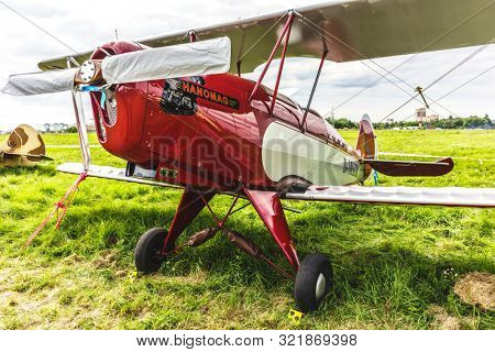 KALININGRAD, Russia - August 18, 2019: 100 Anniversary First European Airport Devau Fest, Ultra Light Propeller Screw Plane Ready for Flight