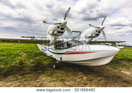 KALININGRAD, Russia - August 18, 2019: 100 Anniversary First European Airport Devau Fest, Ultra Light Propeller Screw Plane Ready for Flight