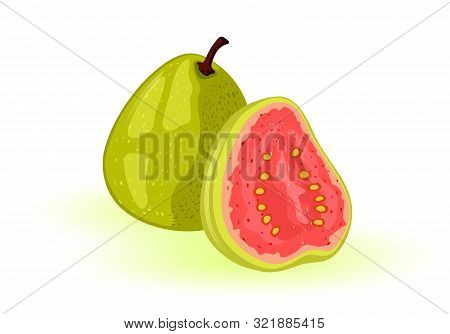 Ripe Guava Whole And Half. Round, Oval Tropical Exotic Fruit With Green Skin And Red Sweet Or Sour P