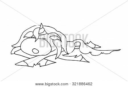 Coloring Book For Kids - Unicorn Is Sleeping And Sniffling. Black And White Cute Cartoon Unicorns. V
