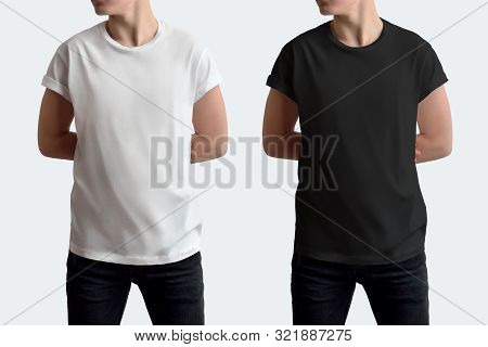 Mockup White And Black T-shirt With Rolled Up Cuffs On A Young Slender Guy.