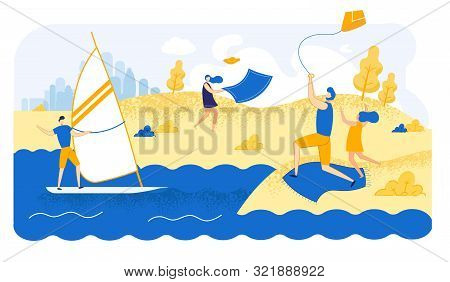 Advertising Flyer Fun In Summer Windy Weather. Sailing Windy Weather. Father With His Daughter Runs 